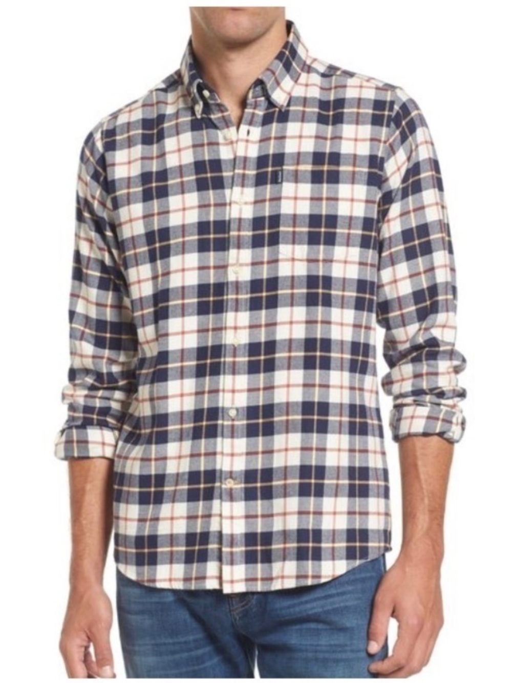 Barbour Flannel Tailored Fit Navy Cream Plaid Button-Down Shirt Size Large NWT